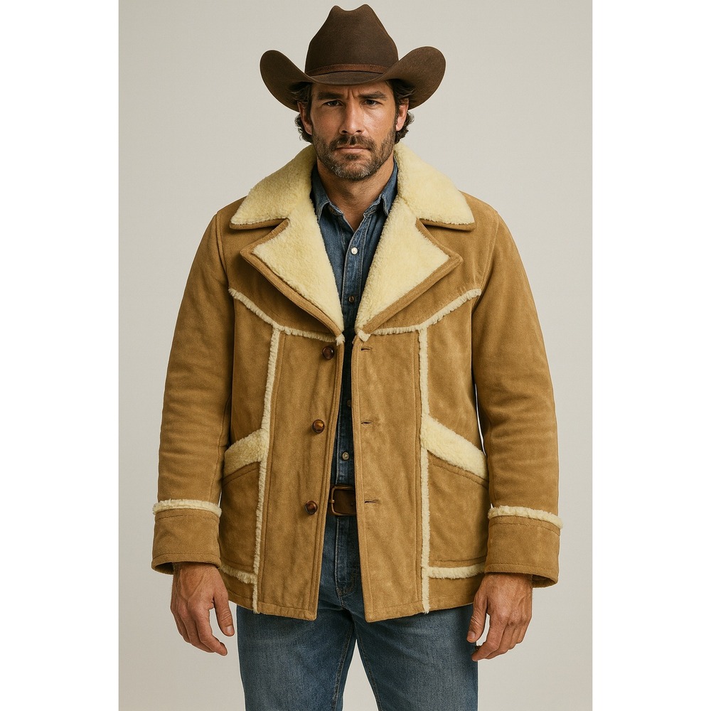 SILTON Men's 42/L Vintage 70s Tan Suede Shearling Coat Marlboro Man Ranch Jacket
